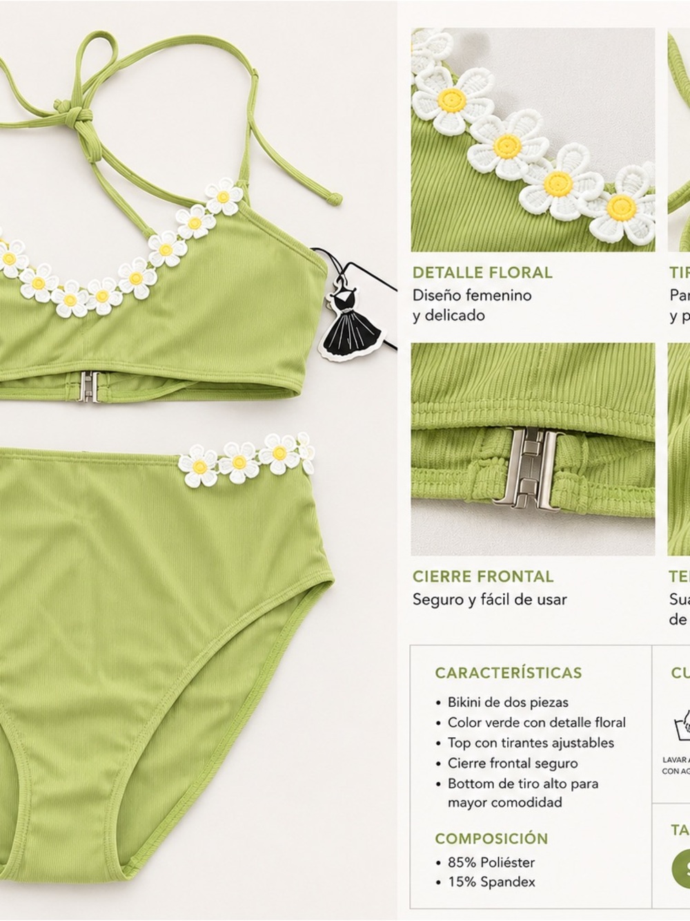 Women's Green Floral-Trim Two-Piece Bikini Set